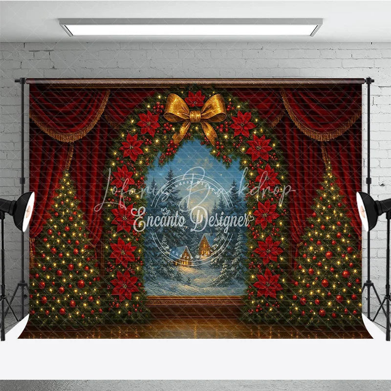 Lofaris Christmas Theater Stage Photography Backdrop Red Curtains with Poinsettia Wreath Holiday Performance Background