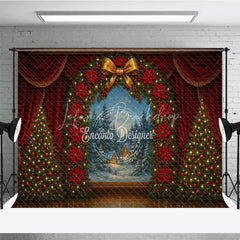 Lofaris Christmas Theater Stage Photography Backdrop Red Curtains with Poinsettia Wreath Holiday Performance Background