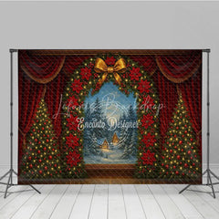 Lofaris Christmas Theater Stage Photography Backdrop Red Curtains with Poinsettia Wreath Holiday Performance Background