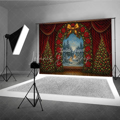 Lofaris Christmas Theater Stage Photography Backdrop Red Curtains with Poinsettia Wreath Holiday Performance Background