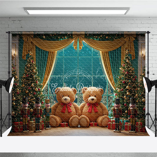 Lofaris Christmas Toy Room Photo Booth Backdrop Giant Teddy Bears and Nutcrackers Snowy Window Holiday Background