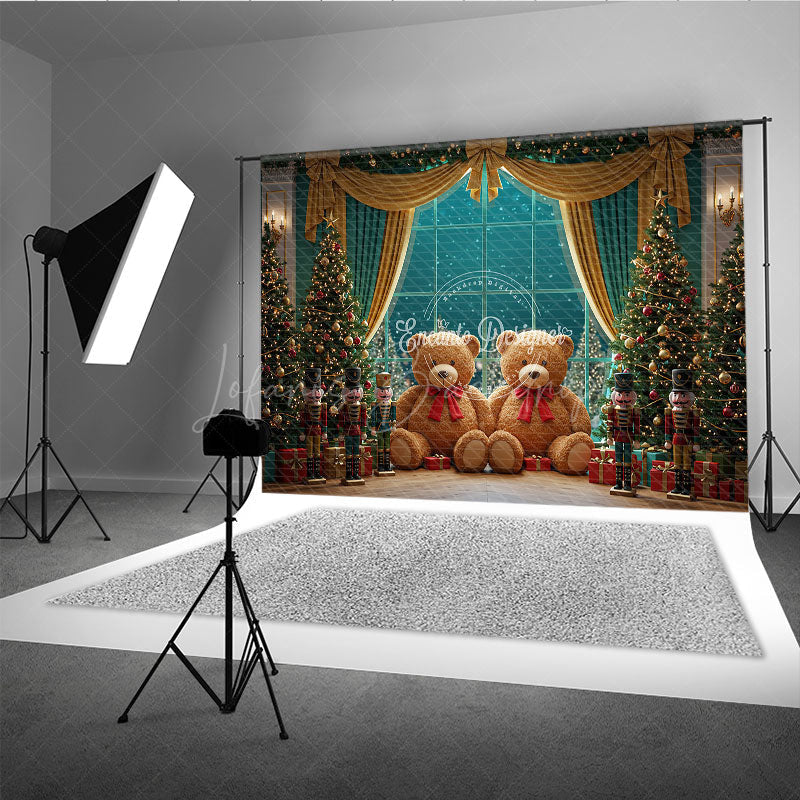 Lofaris Christmas Toy Room Photo Booth Backdrop Giant Teddy Bears and Nutcrackers Snowy Window Holiday Background