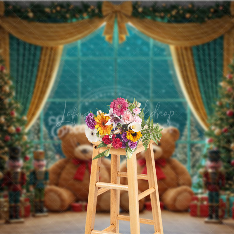 Lofaris Christmas Toy Room Photo Booth Backdrop Giant Teddy Bears and Nutcrackers Snowy Window Holiday Background