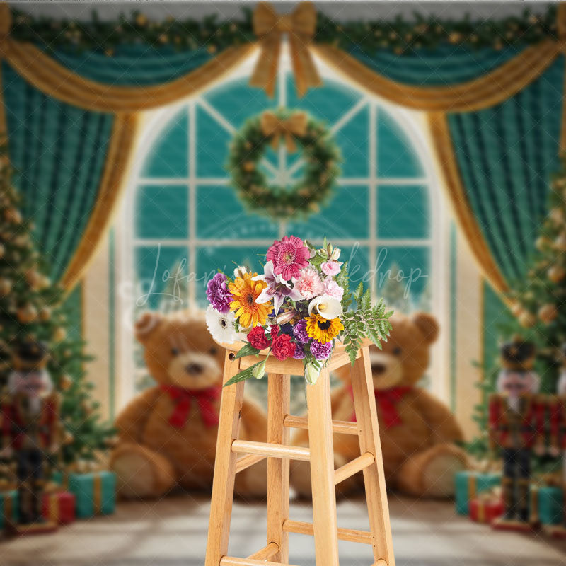 Lofaris Christmas Toy Room Photography Backdrop Giant Teddy Bears and Nutcrackers Snowy Window Holiday Background