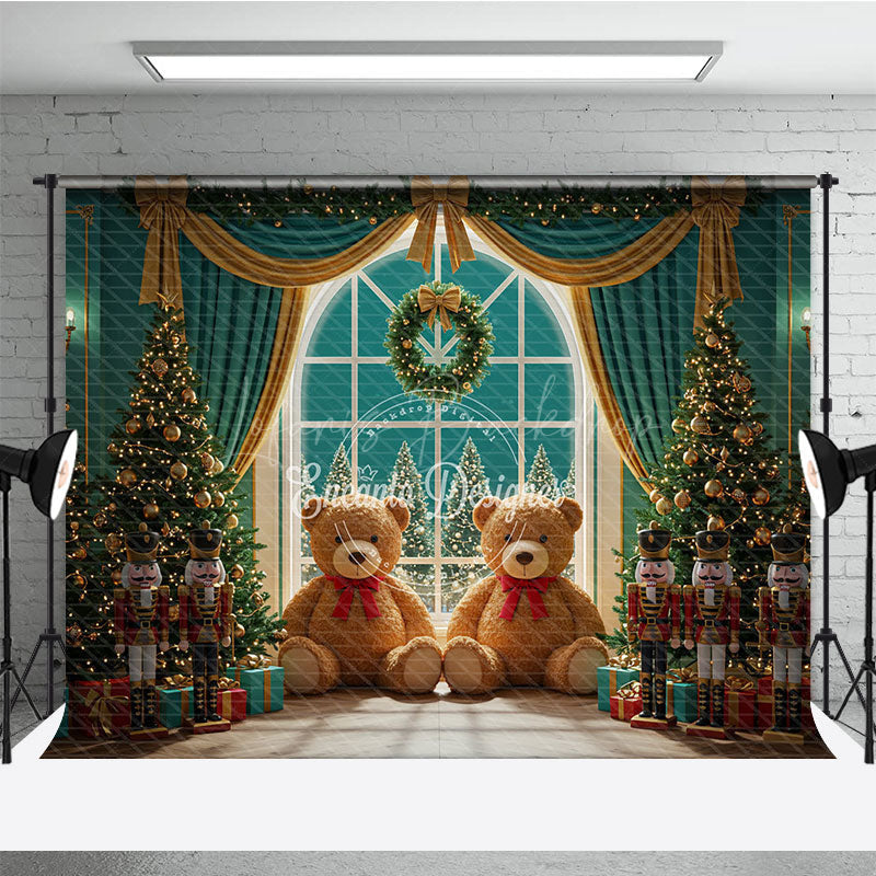 Lofaris Christmas Toy Room Photography Backdrop Giant Teddy Bears and Nutcrackers Snowy Window Holiday Background