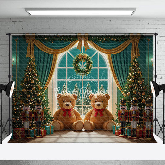 Lofaris Christmas Toy Room Photography Backdrop Giant Teddy Bears and Nutcrackers Snowy Window Holiday Background