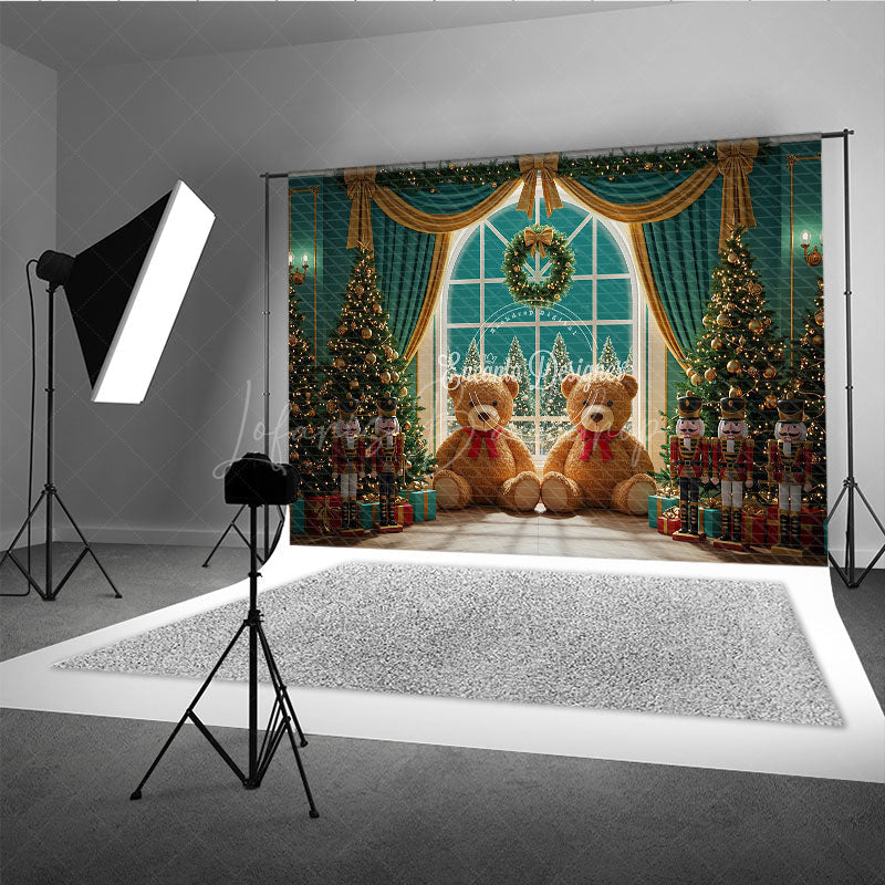 Lofaris Christmas Toy Room Photography Backdrop Giant Teddy Bears and Nutcrackers Snowy Window Holiday Background