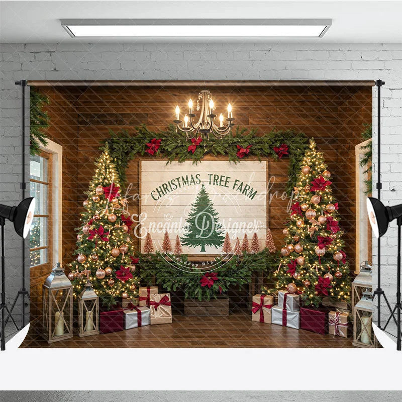 Lofaris Christmas Tree Farm Photography Backdrop Rustic Wood Sign with Poinsettia Farmhouse Holiday Background