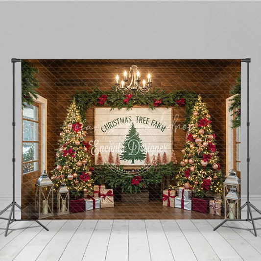 Lofaris Christmas Tree Farm Photography Backdrop Rustic Wood Sign with Poinsettia Farmhouse Holiday Background