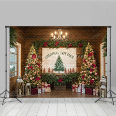 Lofaris Christmas Tree Farm Photography Backdrop Rustic Wood Sign with Poinsettia Farmhouse Holiday Background