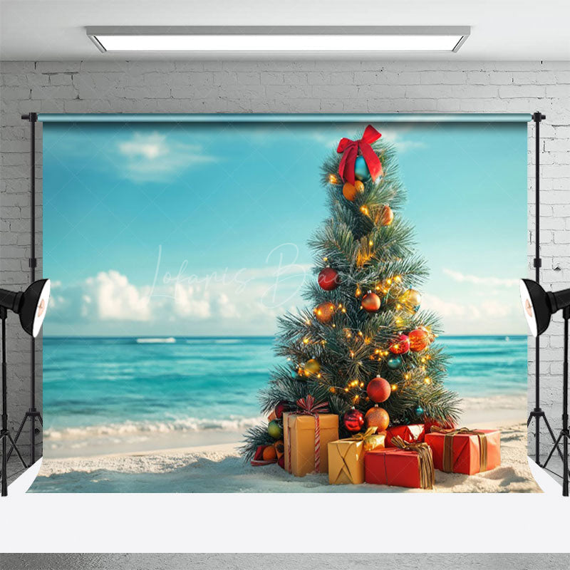 Lofaris Christmas Tree Gifts Blue Sky Ocean Holiday Backdrop