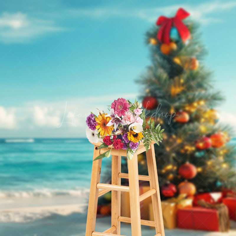 Lofaris Christmas Tree Gifts Blue Sky Ocean Holiday Backdrop