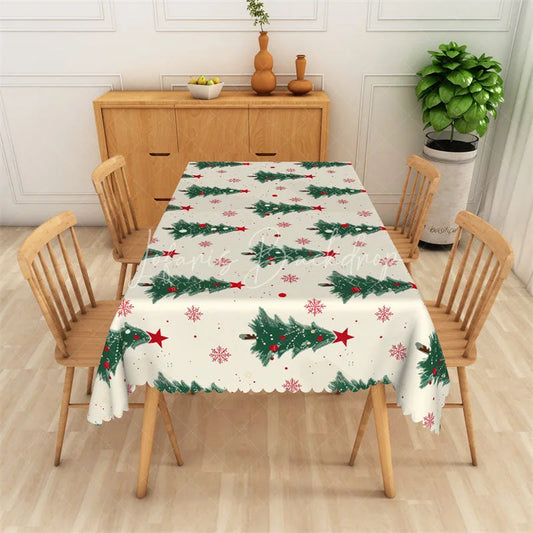 Lofaris Christmas Tree Rectangle Tablecloth White with Green Pine Trees Red Stars Snowflake Holiday Table Cover