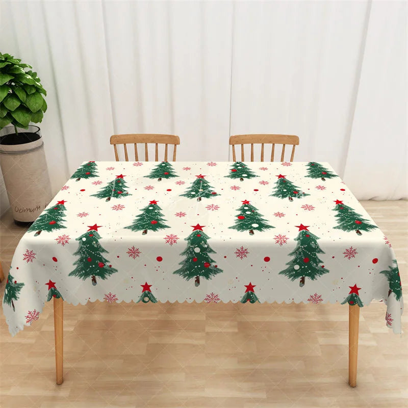 Lofaris Christmas Tree Rectangle Tablecloth White with Green Pine Trees Red Stars Snowflake Holiday Table Cover
