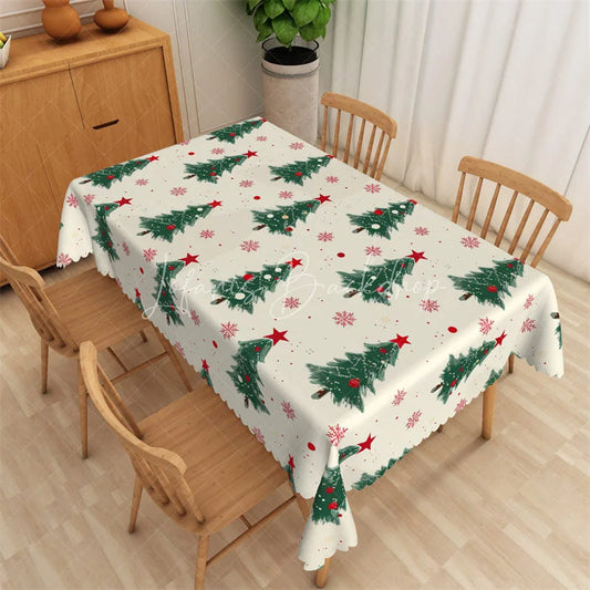 Lofaris Christmas Tree Rectangle Tablecloth White with Green Pine Trees Red Stars Snowflake Holiday Table Cover