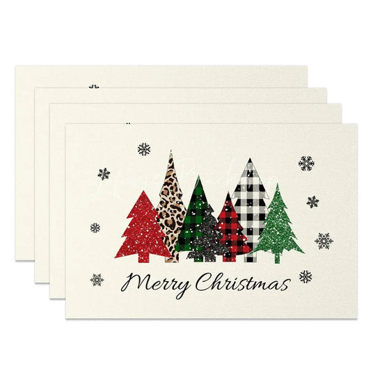 Lofaris Christmas Tree Set of 4 Placemats Leopard Plaid Trees Merry Farmhouse Table Mats Decor