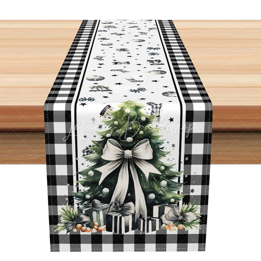 Lofaris Christmas Tree with White Bow Table Runner Black Buffalo Plaid Border Farmhouse Holiday Decor