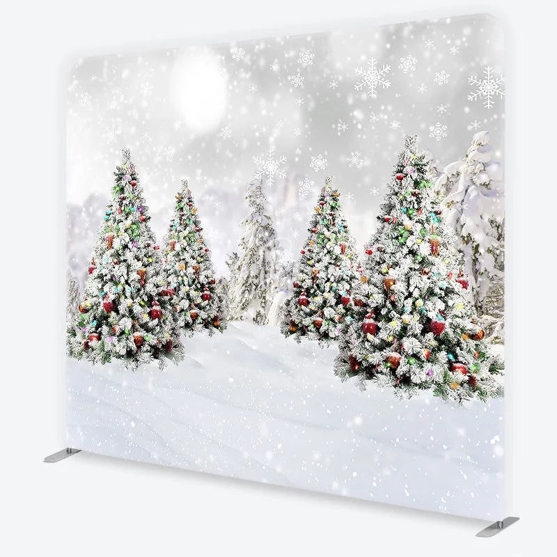 Lofaris Christmas Trees in Snow Tension Fabric Backdrop Winter Landscape with Ornaments and Snowflakes Background Holiday Decor