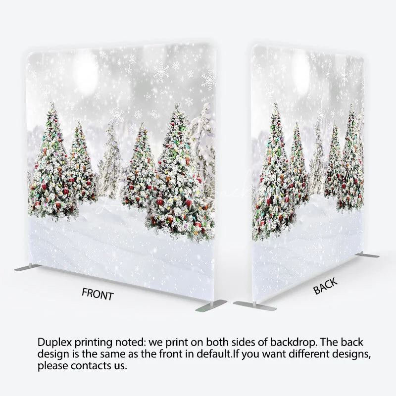 Lofaris Christmas Trees in Snow Tension Fabric Backdrop Winter Landscape with Ornaments and Snowflakes Background Holiday Decor