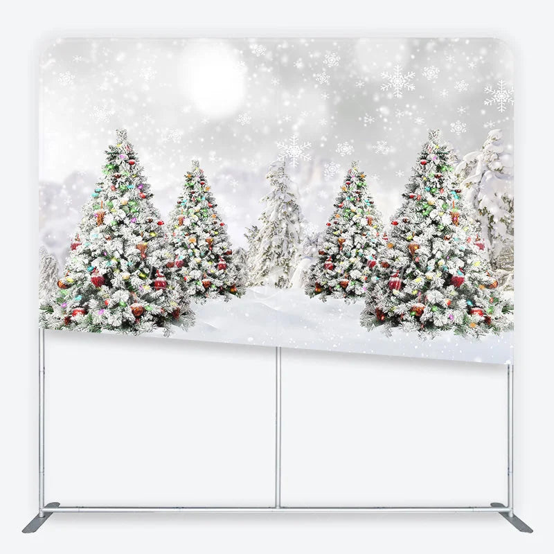 Lofaris Christmas Trees in Snow Tension Fabric Backdrop Winter Landscape with Ornaments and Snowflakes Background Holiday Decor