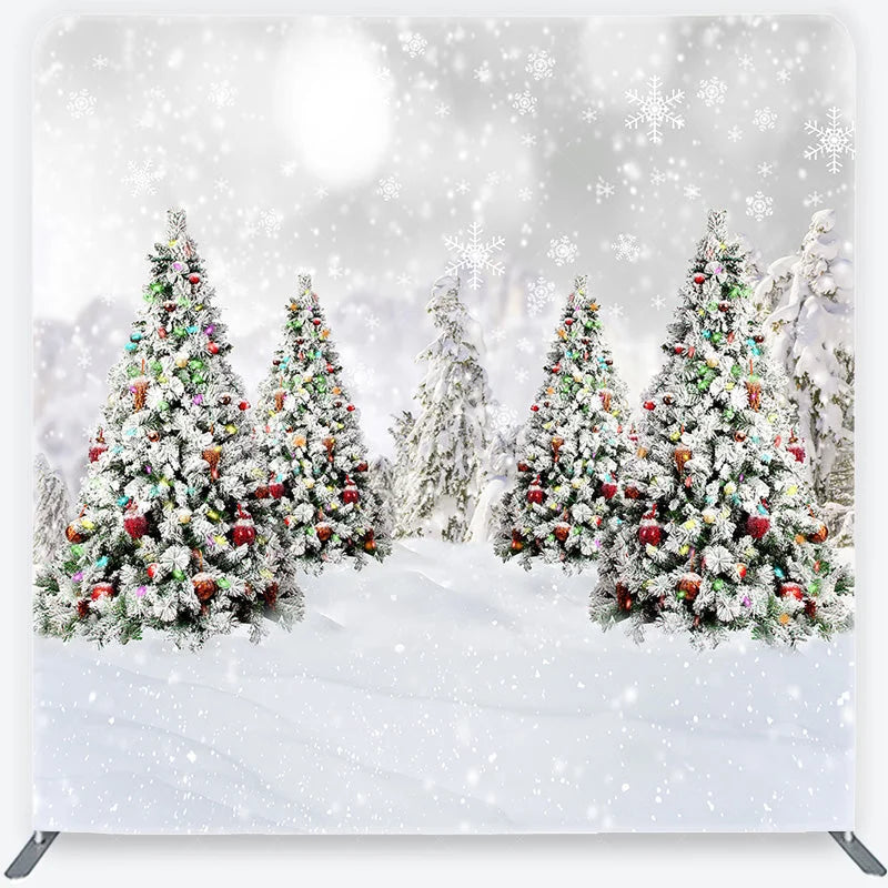 Lofaris Christmas Trees in Snow Tension Fabric Backdrop Winter Landscape with Ornaments and Snowflakes Background Holiday Decor