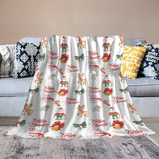 Lofaris Christmas Vibe Santa Elk Bells Custom Name Blanket