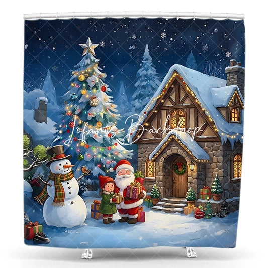 Lofaris Christmas Village Shower Curtain with Santa Claus Snowman and Gifts Festive Winter Holiday Decor