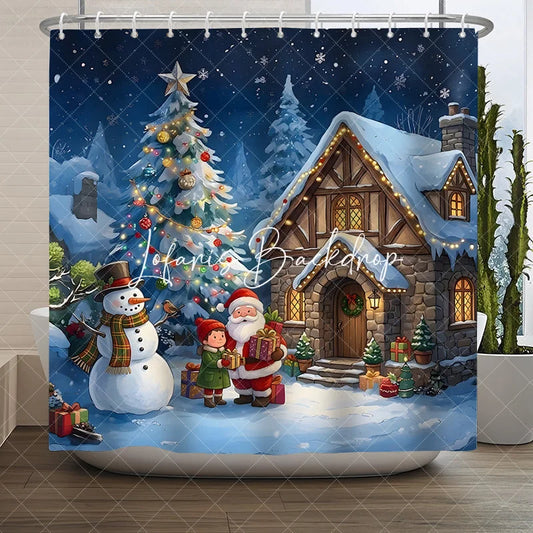 Lofaris Christmas Village Shower Curtain with Santa Claus Snowman and Gifts Festive Winter Holiday Decor