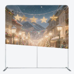 Lofaris Christmas Village Tension Fabric Backdrop Snowy Town Street with Lights Winter Holiday Photography Background