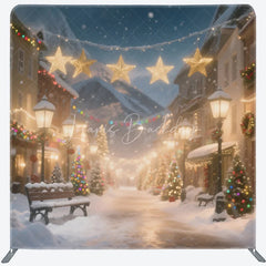 Lofaris Christmas Village Tension Fabric Backdrop Snowy Town Street with Lights Winter Holiday Photography Background