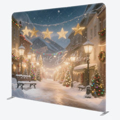 Lofaris Christmas Village Tension Fabric Backdrop Snowy Town Street with Lights Winter Holiday Photography Background