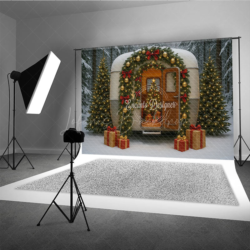Lofaris Christmas Vintage Camper Photography Backdrop Retro Trailer in a Snowy Forest Holiday Mini Session Background