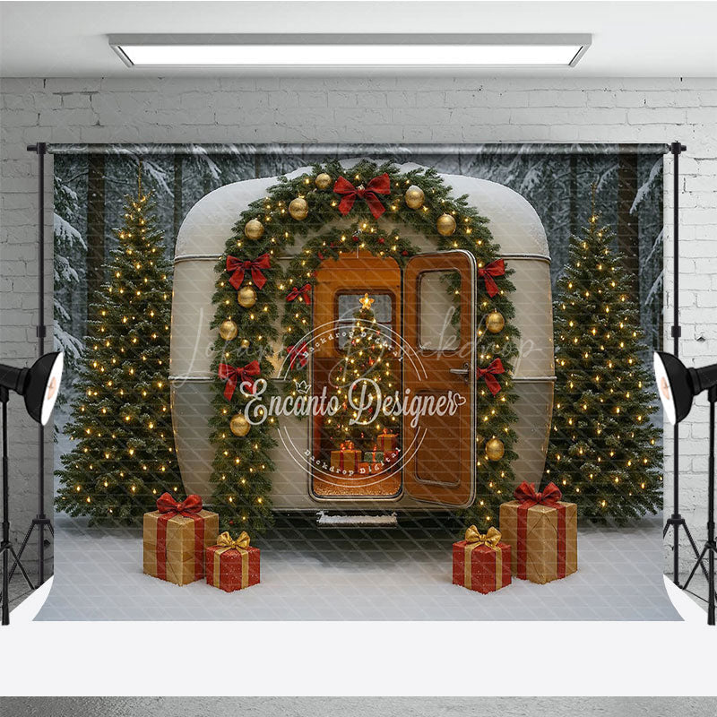 Lofaris Christmas Vintage Camper Photography Backdrop Retro Trailer in a Snowy Forest Holiday Mini Session Background