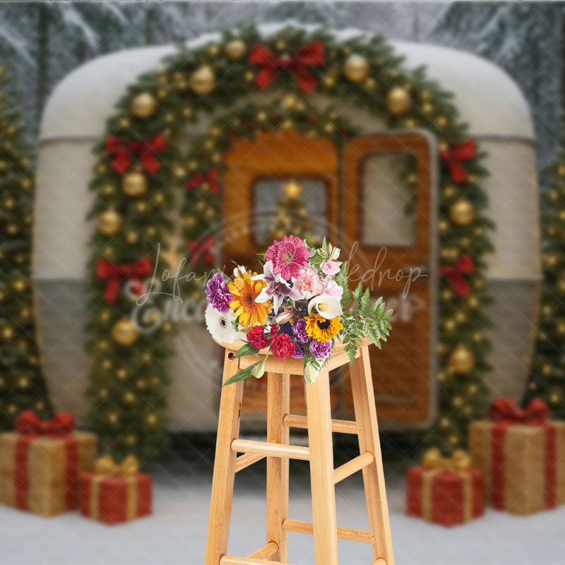 Lofaris Christmas Vintage Camper Photography Backdrop Retro Trailer in a Snowy Forest Holiday Mini Session Background