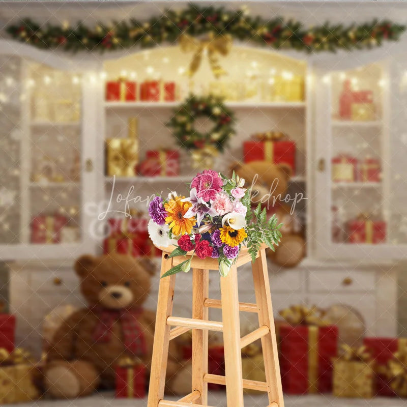 Lofaris Christmas White Cabinet Photography Backdrop Teddy Bears and Presents Display Farmhouse Holiday Photo Background