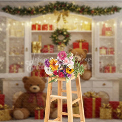 Lofaris Christmas White Cabinet Photography Backdrop Teddy Bears and Presents Display Farmhouse Holiday Photo Background