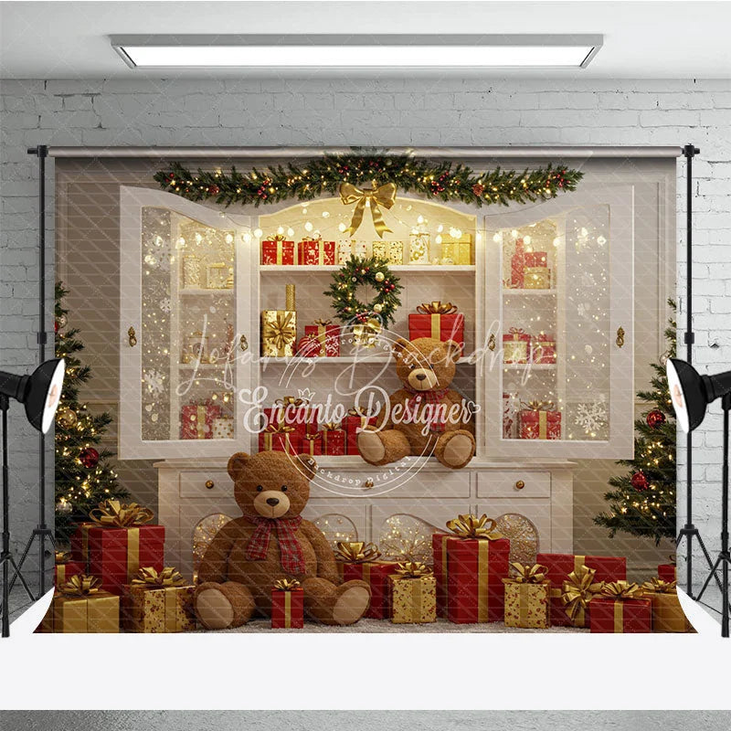 Lofaris Christmas White Cabinet Photography Backdrop Teddy Bears and Presents Display Farmhouse Holiday Photo Background