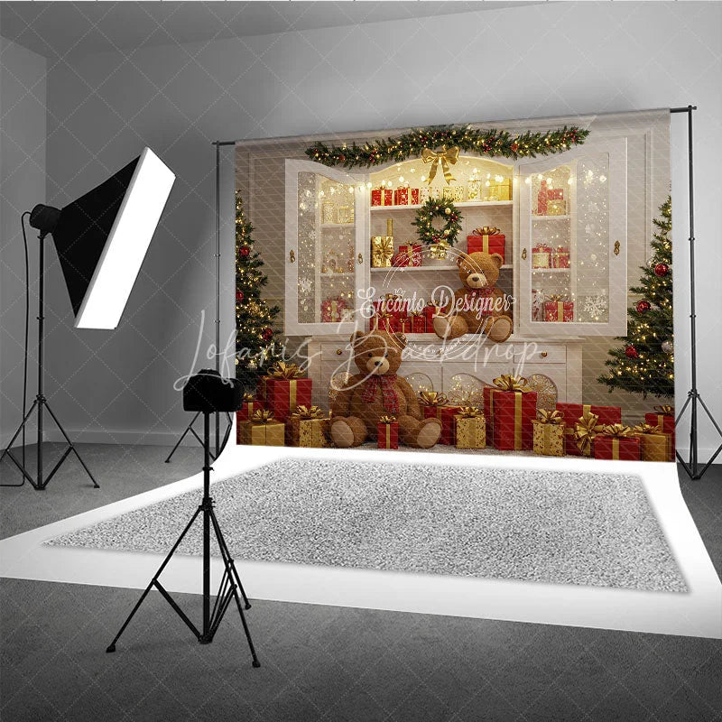 Lofaris Christmas White Cabinet Photography Backdrop Teddy Bears and Presents Display Farmhouse Holiday Photo Background