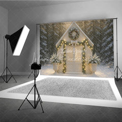 Lofaris Christmas White House Photography Backdrop Snowy Scene with Garland and Lights Holiday Mini Session Background