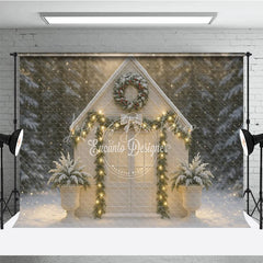 Lofaris Christmas White House Photography Backdrop Snowy Scene with Garland and Lights Holiday Mini Session Background