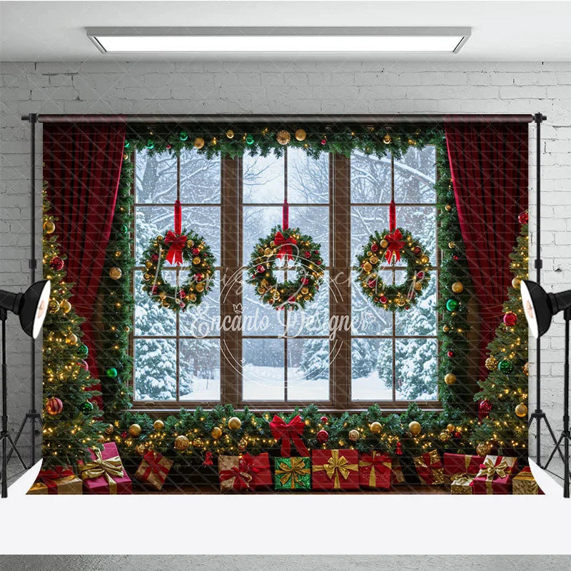 Lofaris Christmas Window Photography Backdrop Snowy View with Wreaths and Red Curtains Holiday Mini Session Background