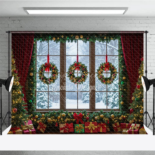 Lofaris Christmas Window Photography Backdrop Snowy View with Wreaths and Red Curtains Holiday Mini Session Background