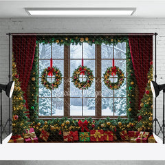 Lofaris Christmas Window Photography Backdrop Snowy View with Wreaths and Red Curtains Holiday Mini Session Background