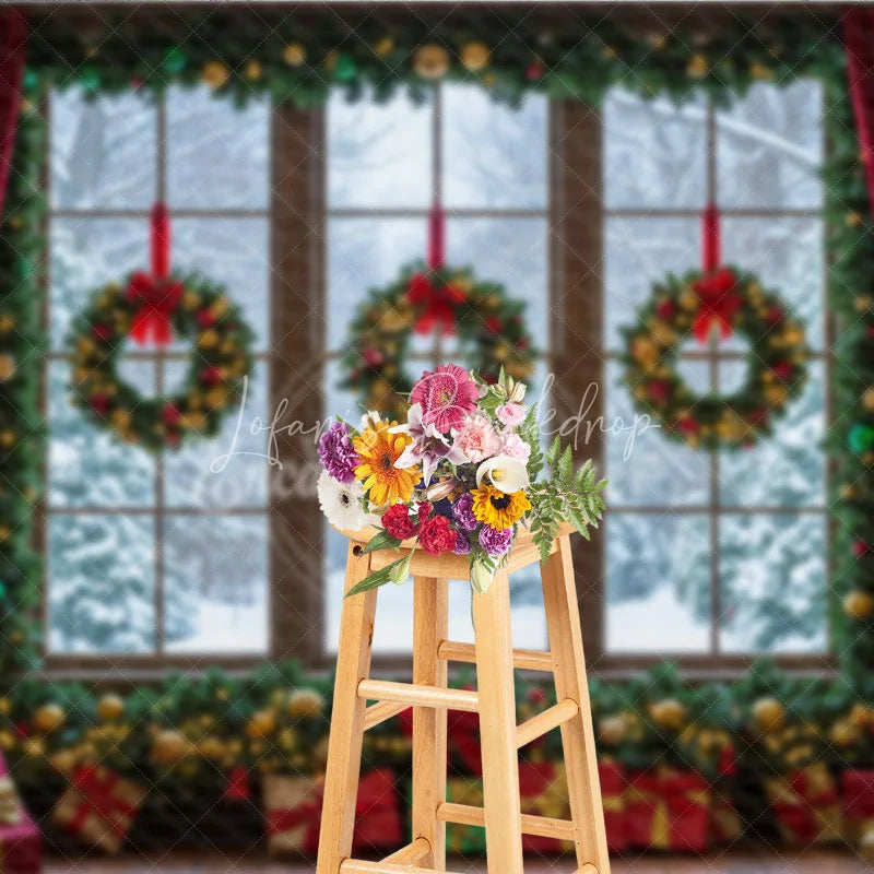 Lofaris Christmas Window Photography Backdrop Snowy View with Wreaths and Red Curtains Holiday Mini Session Background