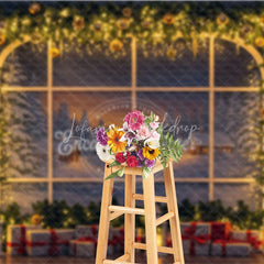 Lofaris Christmas Window Photography Backdrop Snowy Village View with String Lights Holiday Mini Session Background