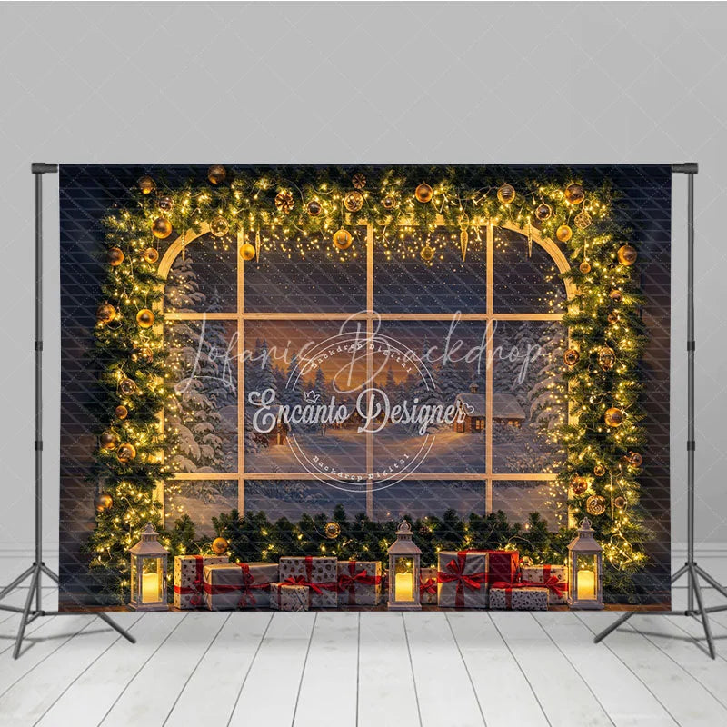 Lofaris Christmas Window Photography Backdrop Snowy Village View with String Lights Holiday Mini Session Background