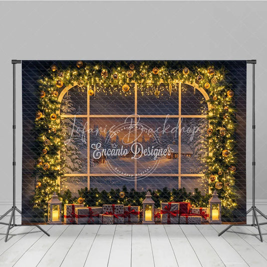 Lofaris Christmas Window Photography Backdrop Snowy Village View with String Lights Holiday Mini Session Background