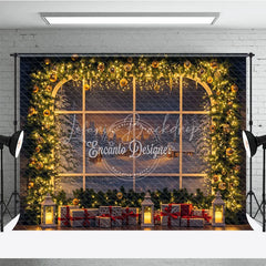 Lofaris Christmas Window Photography Backdrop Snowy Village View with String Lights Holiday Mini Session Background