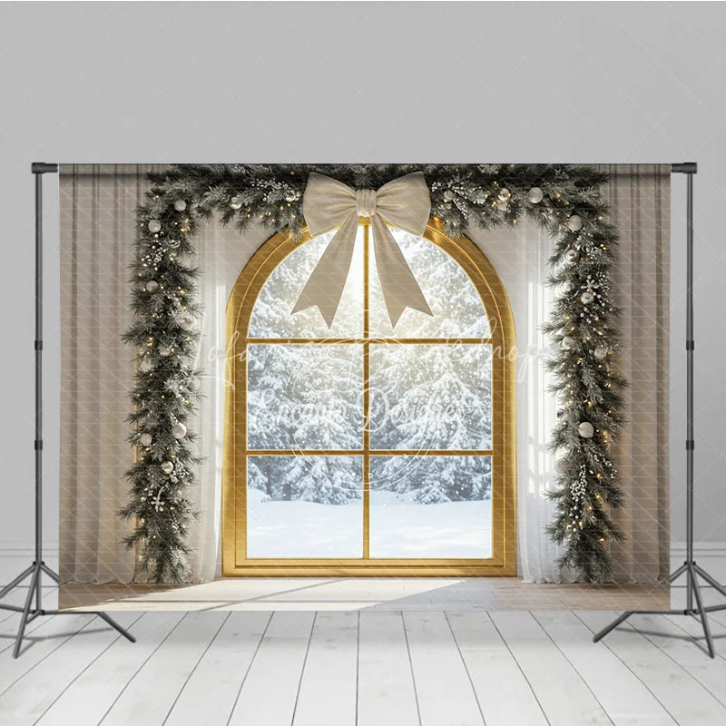 Lofaris Christmas Window Photography Backdrop with Snowy View Elegant White Bow and Flocked Garland Winter Photo Background