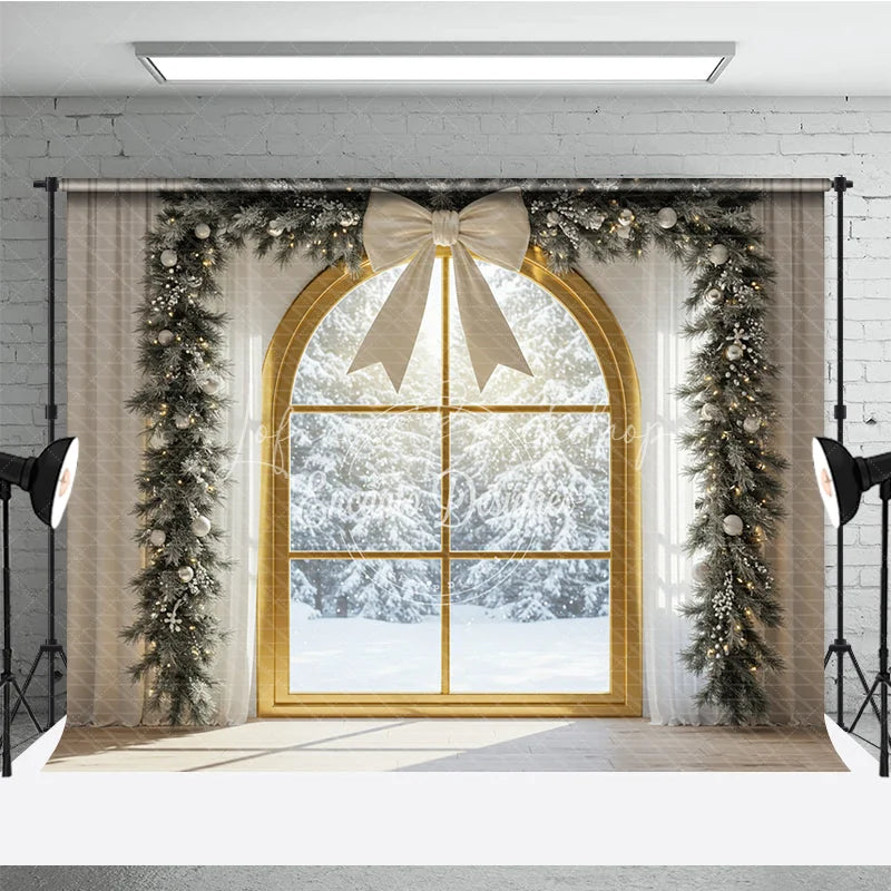 Lofaris Christmas Window Photography Backdrop with Snowy View Elegant White Bow and Flocked Garland Winter Photo Background